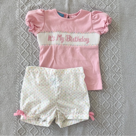 ANAVINI Other - Smocked Pink Birthday Confetti Polkadot Shorts & Top Set